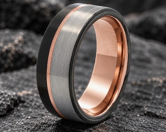 Mens Brushed Tungsten Wedding Band, Black Tungsten Ring, 8mm Mens Wedding Ring, Silver & Rose Gold Wedding Band