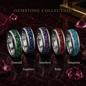 HusBands gemstone wedding ring collection featuring emerald, sapphire, amethyst, ruby and turquoise styles.
