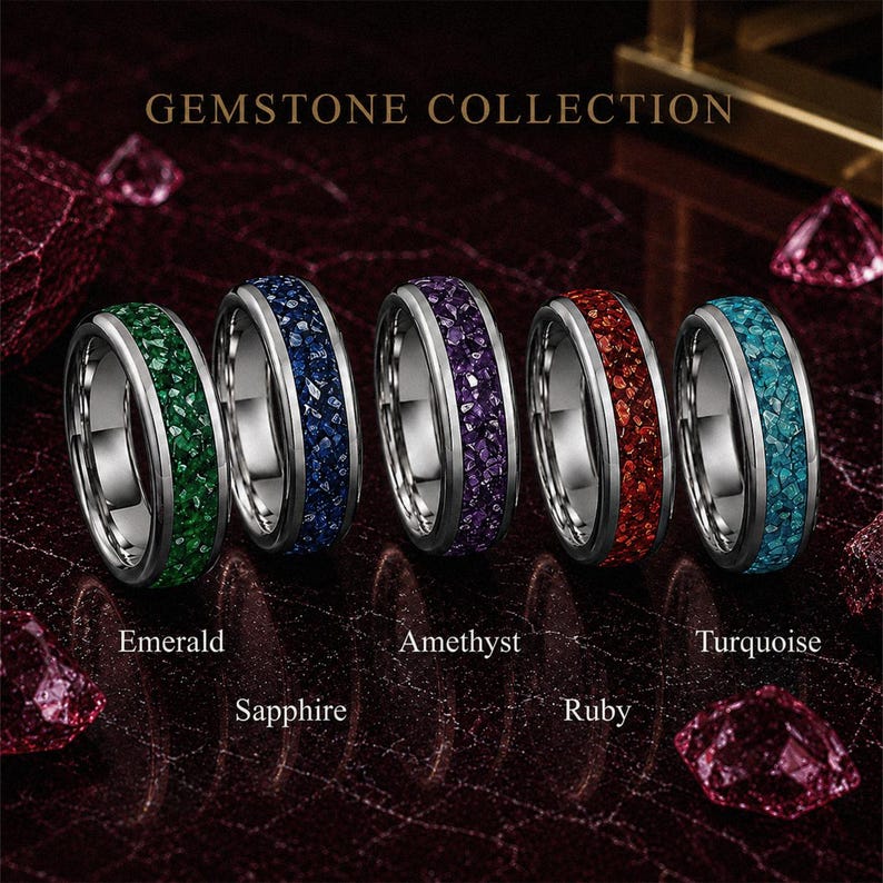 HusBands gemstone wedding ring collection featuring emerald, sapphire, amethyst, ruby and turquoise styles.