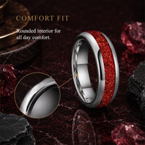 Comfort fit interior of a polished ruby tungsten wedding ring for everyday wear.