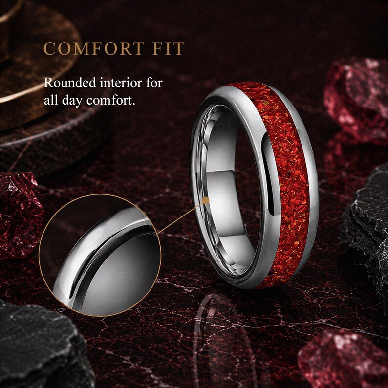 Comfort fit interior of a polished ruby tungsten wedding ring for everyday wear.