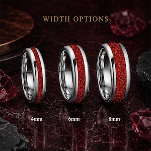 Ruby tungsten wedding ring shown in 4mm, 6mm and 8mm widths.