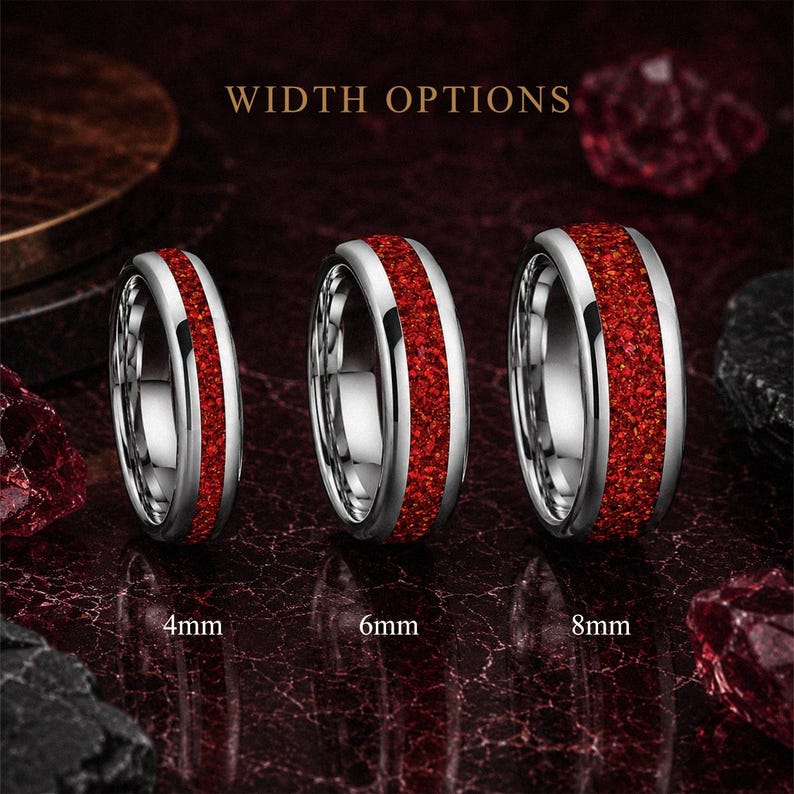 Ruby tungsten wedding ring shown in 4mm, 6mm and 8mm widths.