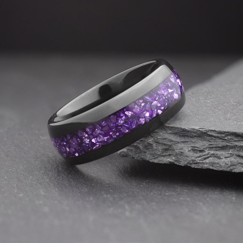 black tungsten ring with purple amethyst inlay