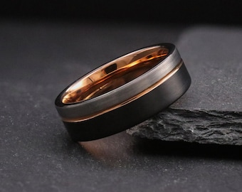 Schwarz Silber Rose Gold Wolframring, mehrfarbige Herren Ehering, Versprechen Verlobungsring, coole moderne Ehering 6mm 8mm breit