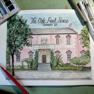 The Olde Pink House / hand painted Old Pink House / Savannah Georgia art/ Georgia painting/ Old Pink House restaurant