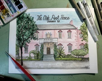Savannah Georgia Art: Hand-Painted Olde Pink House Watercolor