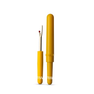 May include: A yellow seam ripper with a protective cap. The seam ripper has a silver blade with a red tip and a yellow handle. The protective cap is also yellow. The letters "RW" are printed on the bottom of the handle and the cap.