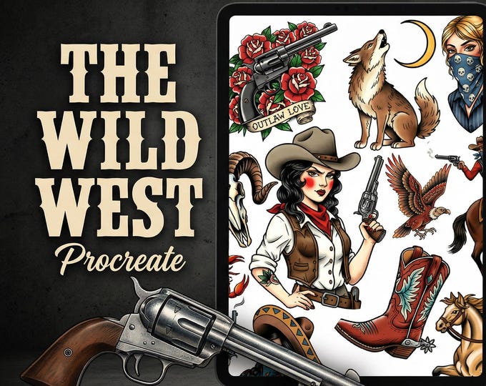 Traditional Wild Western Tattoo Design kit - Procreate & PNG | 200+ Classic Cowboy Tattoos