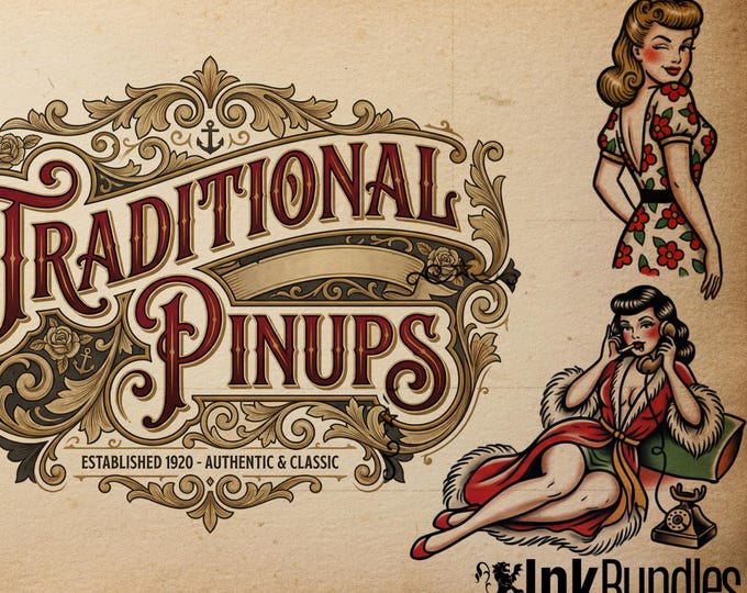 Traditional Pinup Design kit - Procreate & PNG | 150+ Classic old-scool , stencils ( digital download ) Tattoo Flash Art