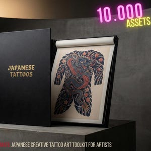 May include: A black box set with the words "JAPANESE TATTOOS" in gold lettering. Inside, a framed print of a traditional Japanese tattoo design featuring a dragon. The image is set against a dark background, with the text "10.000 ASSETS" in pink.