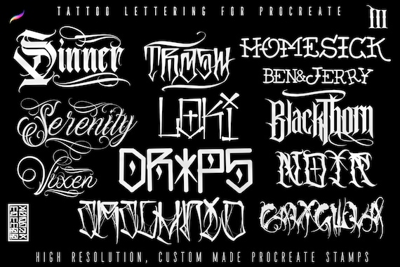 Tattoo Lettering Bundle for Procreate – Chicano Fonts, Custom Script Brushes, PNG & SVG Lettering Pack