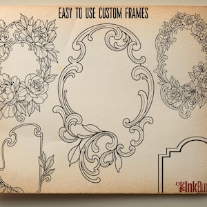 May include: A collection of black line art illustrations featuring five distinct decorative frames on a beige background. The text "EASY TO USE CUSTOM FRAMES" appears at the top, and the logo "InkBundles" is visible in the bottom right corner.