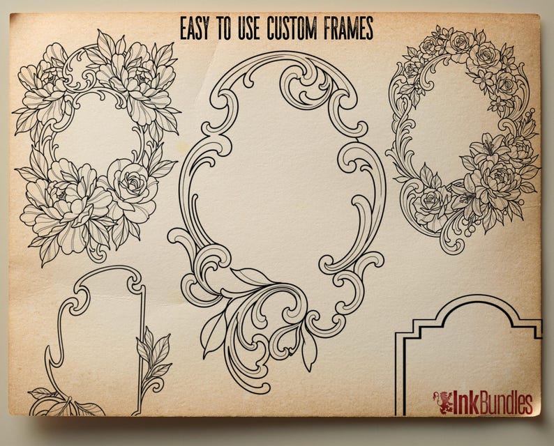 May include: A collection of black line art illustrations featuring five distinct decorative frames on a beige background. The text "EASY TO USE CUSTOM FRAMES" appears at the top, and the logo "InkBundles" is visible in the bottom right corner.