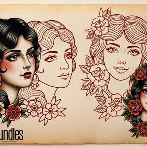 May include: A tattoo flash sheet featuring four illustrations of faces. Two are fully colored with black hair, red lips, and floral accents, while two are red-ink line drawings. The text InkBundles appears in the bottom left corner.