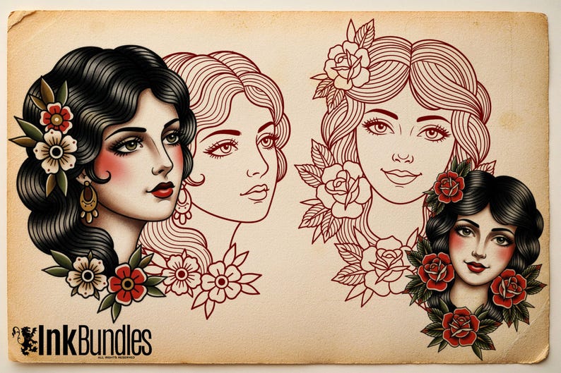 May include: A tattoo flash sheet featuring four illustrations of faces. Two are fully colored with black hair, red lips, and floral accents, while two are red-ink line drawings. The text InkBundles appears in the bottom left corner.