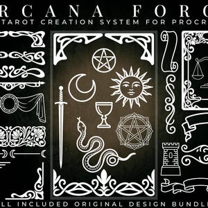 Peut inclure: Un ensemble de designs numériques intitulé ARCANA FORGE THE TAROT CREATION SYSTEM FOR PROCREATE présentant des éléments en ligne blanche sur fond sombre, incluant une épée, un serpent, un soleil, une lune, un calice, un pentagramme et des bordures.