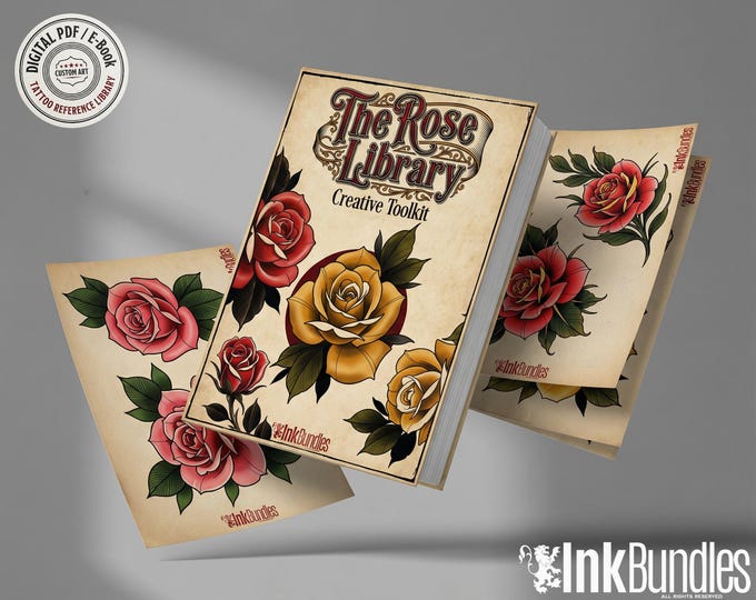 Rose Tattoo Flash PDF eBook | Neo Traditional Stencils | Old School Flower References & Coloring Pages
