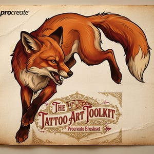 May include: A digital illustration of a leaping fox in shades of orange, brown, and cream. The fox is snarling, with its mouth open, and its tail is up. The image includes the text "The Tattoo Art Toolkit Procreate Brushset."