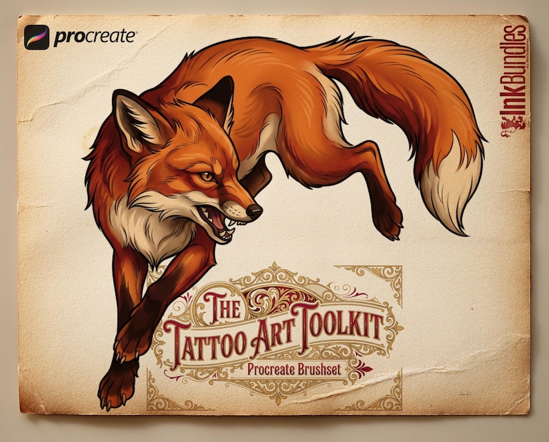 May include: A digital illustration of a leaping fox in shades of orange, brown, and cream. The fox is snarling, with its mouth open, and its tail is up. The image includes the text "The Tattoo Art Toolkit Procreate Brushset."