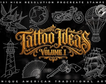 May include: A digital collection of 101 high resolution Procreate stamps titled Tattoo Ideas Volume I. The graphic features gold ornate lettering surrounded by white line art illustrations including a swallow, globe, motorcycle, hot air balloon, lighthouse, fan, revolver, and a sailing ship.