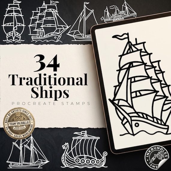 Procreate Traditional Ships & Lighthouses, 68 Old school Stencils / References / Tattoo essentials