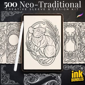 Peut inclure: Une tablette numérique affichant une illustration au trait noir et blanc d'une souris entourée d'épis de blé et de baies, avec un stylet blanc posé sur l'écran. Le texte 500 Neo-Traditional CREATIVE SLEEVE & DESIGN KIT est visible.