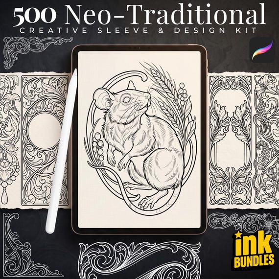 Neo-Traditional Tattoo Ornament Bundle for Procreate | 500 Original Design Assets