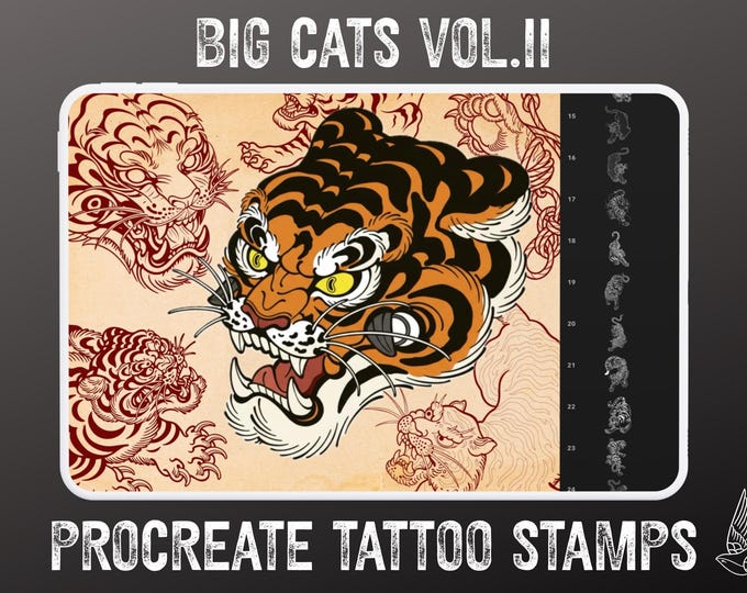 Procreate Tattoo Stamps: Big Cats vol.2 Flash Art Reference Bundle (Digital Download) 33 designs!
