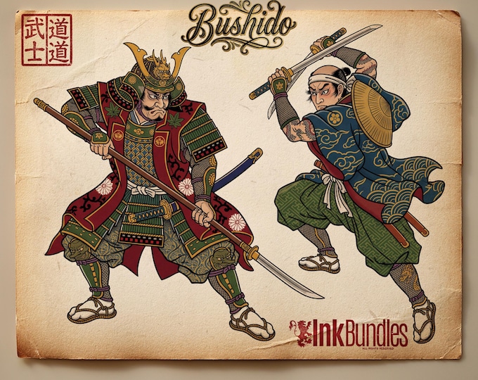 Bushido Samurai Tattoo Stencils, Japanese Warrior PNG Bundle & Procreate Stamp Brushes