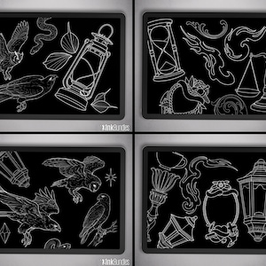 May include: Four black framed images with white line art illustrations. The images feature various designs, including birds, a snake, a lantern, an hourglass, scales, and decorative elements. The text "InkBundles" is at the bottom of each image.