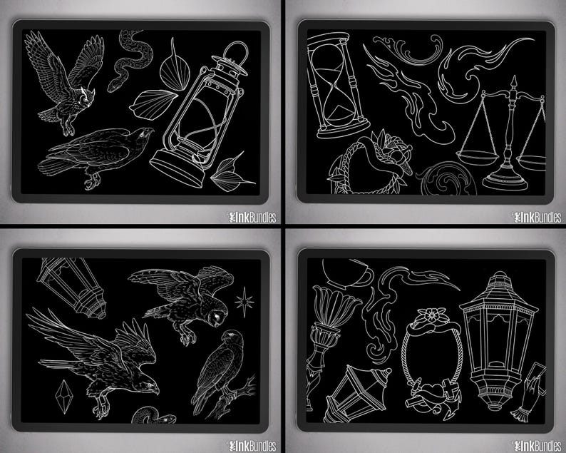 May include: Four black framed images with white line art illustrations. The images feature various designs, including birds, a snake, a lantern, an hourglass, scales, and decorative elements. The text "InkBundles" is at the bottom of each image.