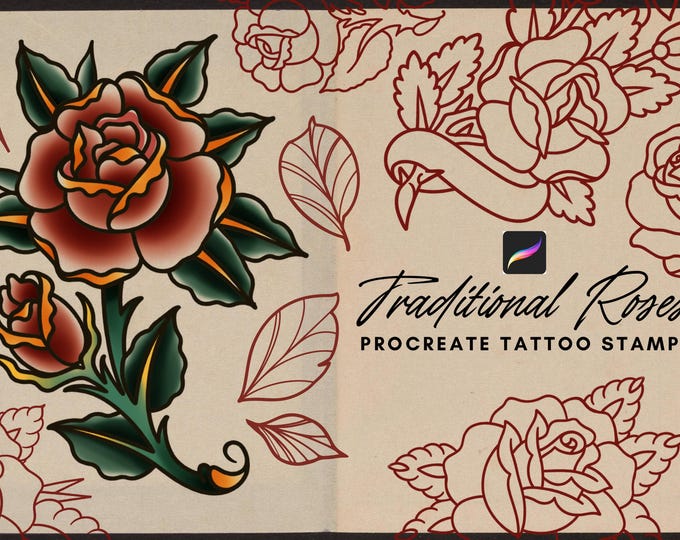 Traditional Roses – Procreate Stamps, Brushes & PNG Bundle | Tattoo Rose Flash Art – Old School Flower Clipart Designs