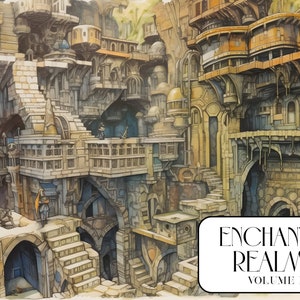May include: A watercolor illustration of a fantasy city with stone buildings, arches, and stairs. The city is built on multiple levels and has a complex layout. The illustration is titled "Enchanted Realms Volume II".