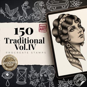 May include: A digital collection of 150 traditional tattoo Procreate stamps featuring black and white line art designs including a portrait of a person with a headscarf, a dove, an anchor, a snake, a coffin, an hourglass, and a dagger.