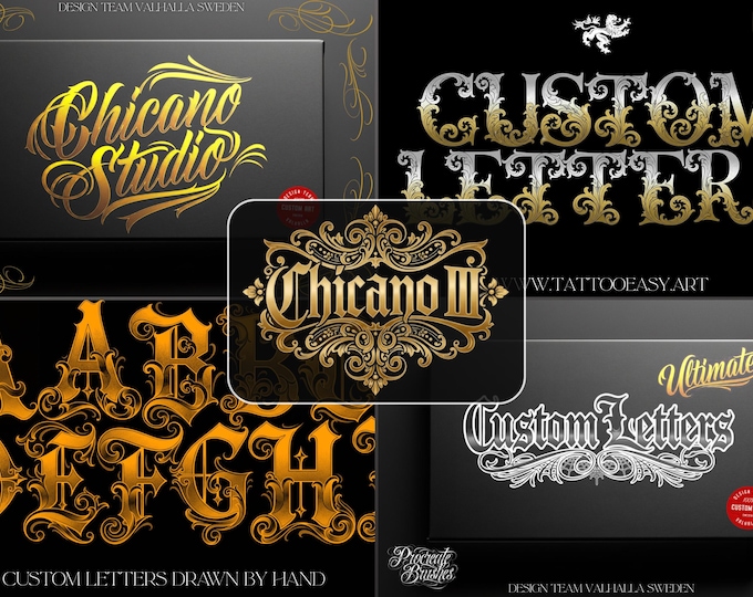 Procreate Tattoo Lettering Kit, Chicano Blackletter Fonts, 1200+ Stamps & Brushes