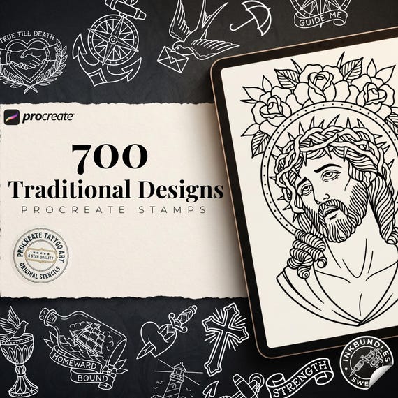 Procreate Traditional tattoo art XL, 700+ designs drawn by hand ( digital download )