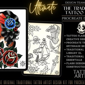 May include: Digital Procreate design kit for tattoo artists. The image features a woman with a red headband and roses, and a second image with traditional tattoo flash designs. Includes brushes and reference materials.