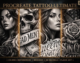 Op de afbeelding: Een digitale collectie getiteld PROCREATE TATTOO ULTIMATE met vier verticale panelen van zwart-wit tatoeageontwerpen. De panelen tonen portretten van vrouwen, een schedel, rozen, Amerikaanse valuta en tekst waaronder DEAD MEN, QUEEN'S DON'T en SIN CITY.