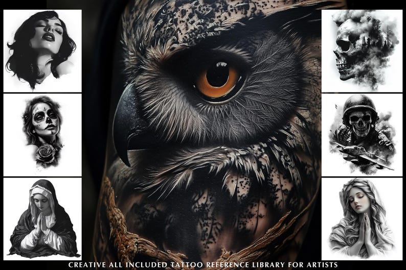 Pu&ograve; includere: Una raccolta di immagini di riferimento per tatuaggi. L'immagine centrale &egrave; un tatuaggio di gufo dettagliato con un occhio arancione. Altre immagini includono un teschio, una donna e una figura in preghiera. Il testo in basso recita "CREATIVE ALL INCLUDED TATTOO REFERENCE LIBRARY FOR ARTISTS."