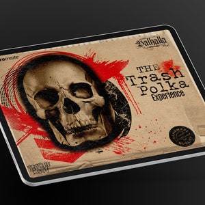 Könnte beinhalten: Ein digitales Tablet mit einem Grafikdesign, das einen realistischen menschlichen Schädel, kräftige rote Farbspritzer und schwarze Rastermuster auf beigem Hintergrund zeigt. Der Text lautet Valhalla, The Trash Polka Experience und Procreate.