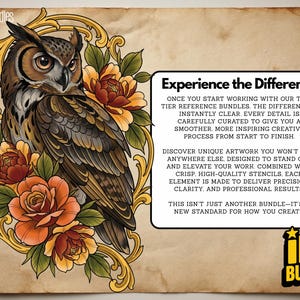 May include: A digital illustration of a great horned owl surrounded by orange and red flowers within a gold ornate frame. Text reads: Experience the Difference. Once you start working with our top-tier reference bundles, the difference is instantly clear.