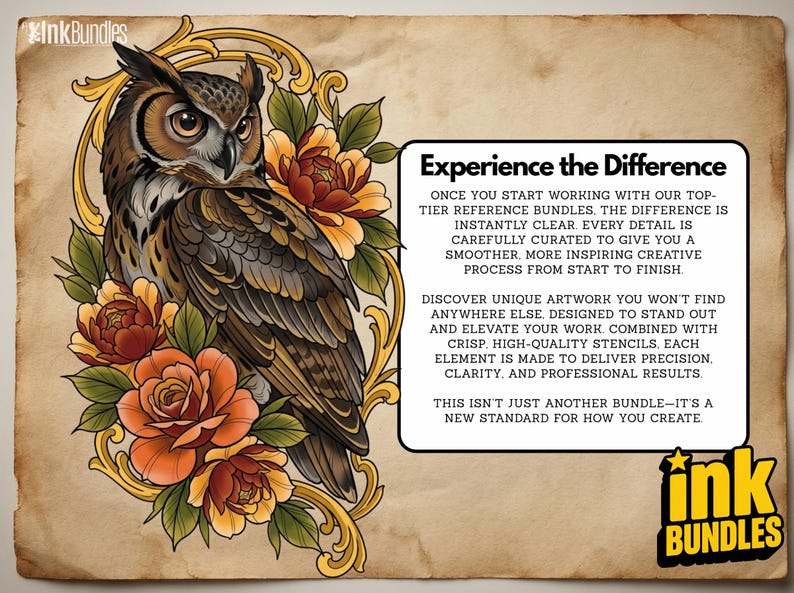 May include: A digital illustration of a great horned owl surrounded by orange and red flowers within a gold ornate frame. Text reads: Experience the Difference. Once you start working with our top-tier reference bundles, the difference is instantly clear.