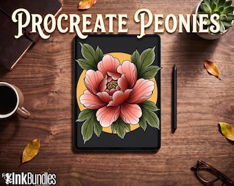 May include: A tablet displaying a digital illustration of a large pink peony flower with green leaves against a yellow circular background. The text PROCREATE PEONIES is visible at the top, and the logo InkBundles is in the bottom left corner.