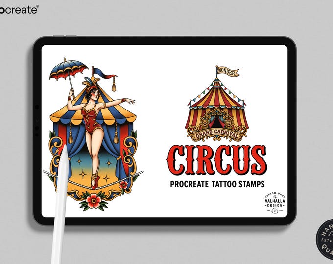 Procreate,png & Pdf Tattoo Stamp Brushes, The Circus (100+ Designs)