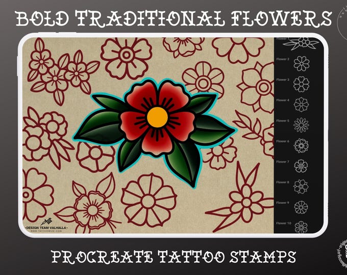 Bold Traditional Tattoo Flowers, Procreate Stamps, SVG, PNG, EPS