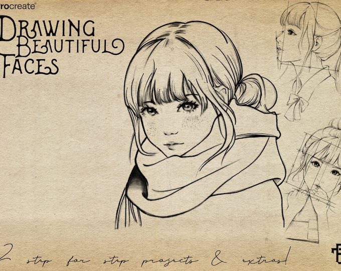 Drawing beautiful faces , XL guides & brushes, creative set, custom references for Procreate