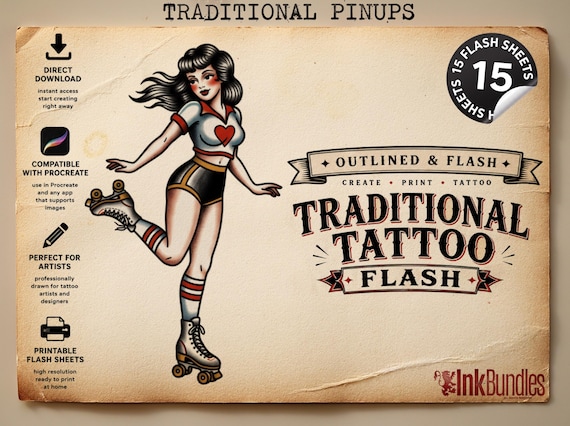 American Traditional Pinup Tattoo Flash – Procreate Stamps, Coloring & Flash Sheets