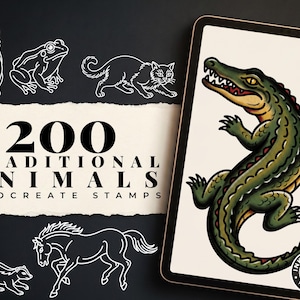May include: A digital collection of 200 traditional animal Procreate stamps featuring white line art of a badger, frog, cat, skunk, and horse, alongside a tablet displaying a full-colour illustration of a green crocodile with sharp teeth.
