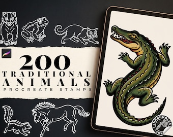 May include: A digital collection of 200 traditional animal Procreate stamps featuring white line art of a badger, frog, cat, skunk, and horse, alongside a tablet displaying a full-color illustration of a green crocodile with sharp teeth.